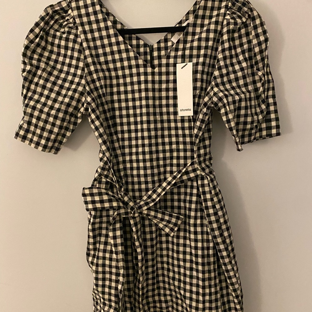 Stores s/m black and white check gingham tie waist dress with puffed sleeves